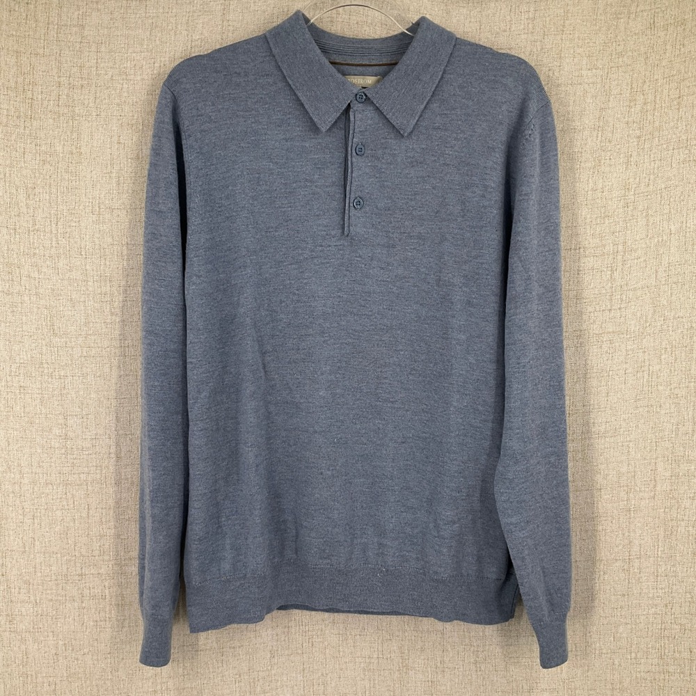 Nordstrom Polo Sweater Mens L Blue Extra Fine Merino Wool Long Sleeve Minimalist